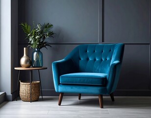 Blue velvet armchair next to a table with a vase of greenery against a dark gray paneled wall in a bright room