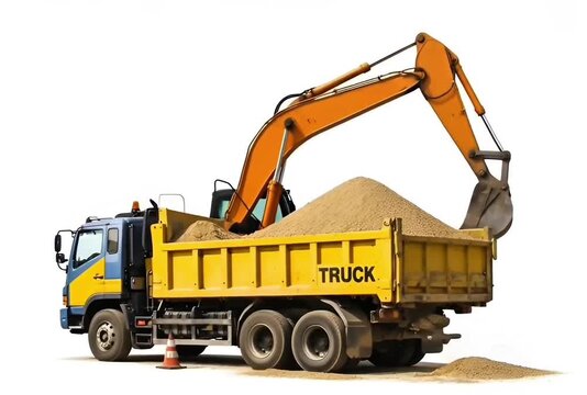 Dump trucks and excavators in operation moving sand as visual assets for construction company brochures.