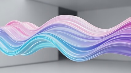 Flowing multicolored waves of pink purple and blue in a clean white architectural studio space