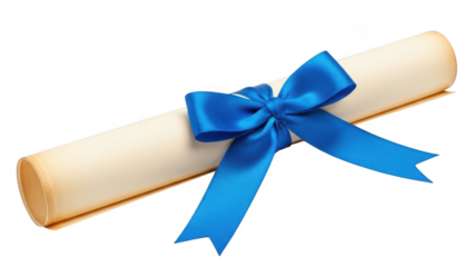 Scroll certificate with blue ribbon isolated on transparent background