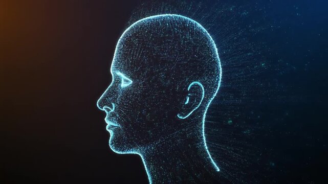 Glowing particle outline of a human head in profile representing a digital mind concept