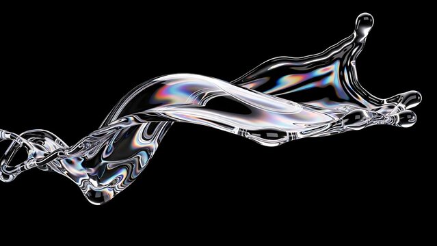 Dynamic splash of clear iridescent water liquid on black background with prismatic reflections