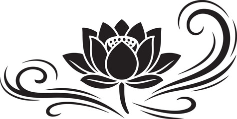 Black silhouette of blooming lotus flower with swirling decorative organic lines representing purity