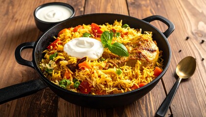 Delicious Chicken Biryani Served with Yogurt on a Wooden Table.