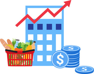 Food increase inflation. Collection of inflation, rising food cost, financial crisis. 