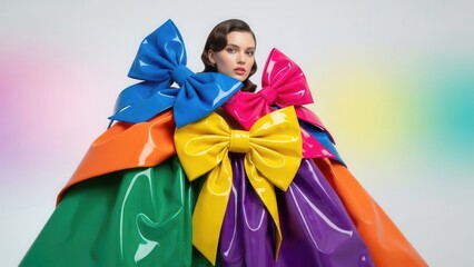 Maximalist avant-garde fashion portrait of a model wearing an extraordinary sculptural gown composed of giant, glossy vinyl bows in vibrant rainbow colors.