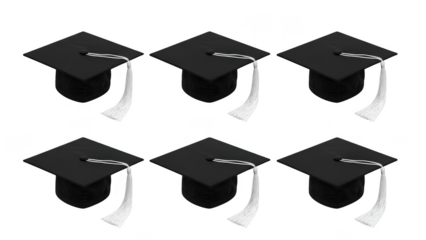 Six graduation caps isolated on transparent background
