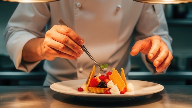 Close-up of a professional chef using tweezers to meticulously garnish a gourmet fruit tart with a mint leaf in a fine dining kitchen.