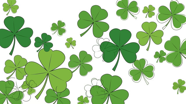 Decorative pattern of various green shamrocks and clover leaves on a white background