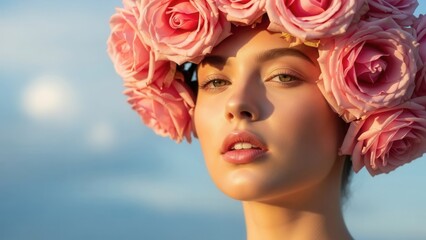 Naklejka premium Serene beauty portrait of a woman wearing a crown of blooming pink roses, looking into the distance against a soft blue sky.