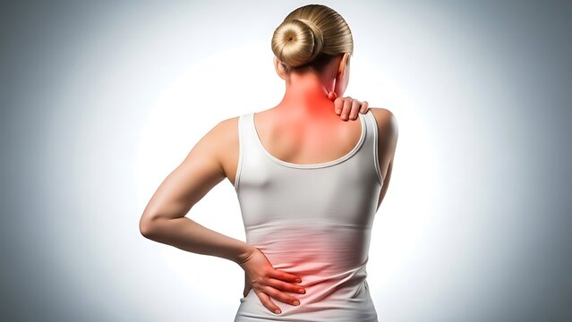 A woman experiencing back pain with highlighted areas on her lower back and neck against a plain white background