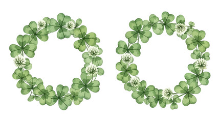 Two watercolor wreaths of green shamrocks and white clover flowers on a white background © Aulia