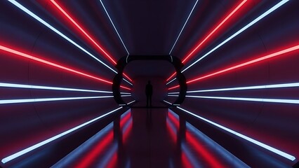 Futuristic Sci-Fi Corridor with Glowing Red and Blue Neon Lights and Human Silhouette