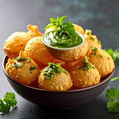 Bowl filled with small, fried dough puffs topped with green sauce and parsley on a dark surface