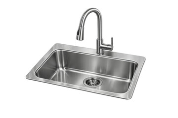 Stainless steel kitchen sink with modern faucet, plumbing fixture for contemporary kitchen design on transparent background