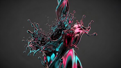 Dynamic Iridescent Liquid Explosion with Metallic Teal and Pink Splashes