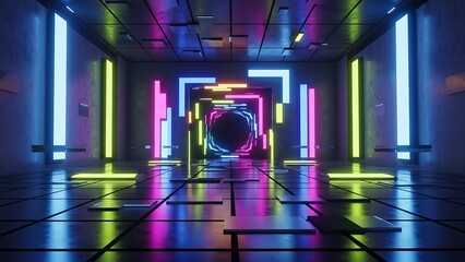 Cyberpunk Neon Room with Glowing Geometric Lights and Grid Floor Perspective