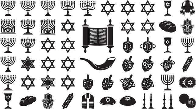 Jewish holiday and tradition icons set including menorah star of david dreidel shofar torah scroll