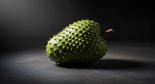 A single ripe soursop fruit with a textured green skin on a dark background