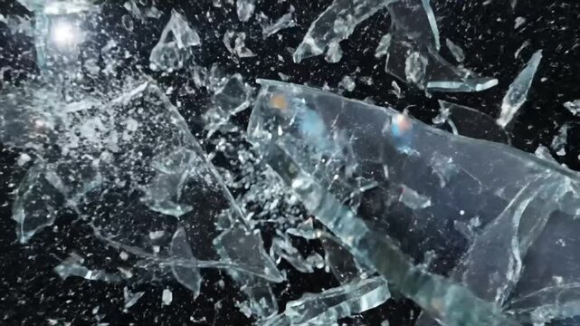 Explosion of Clear Glass Shards Against a Dark Background with Bright Light Effects and Lens Flares Creating a Dynamic Shattered Effect