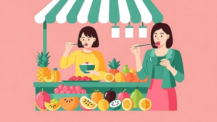 Two young women enjoy fresh fruit bowls at a vibrant tropical market stall. A colorful flat vector illustration celebrating healthy eating, travel, and local street food culture.