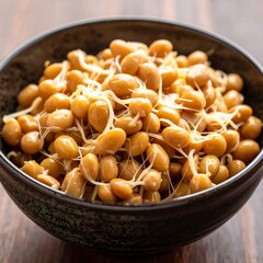Bowl filled with tan beans and thin, pale sprouts, presented on a dark wooden surface