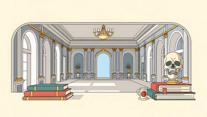 A grand, neoclassical hall features elegant columns and a shimmering chandelier. In the foreground, a skull rests atop vintage books, suggesting a theme of history or philosophy.