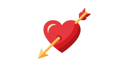 A vibrant red heart pierced by a golden arrow, symbolizing love, romance, and affection on a white background.