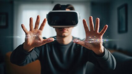Immersive digital experience featuring a man in a virtual reality headset interacting with holographic light particles in a futuristic domestic setting.