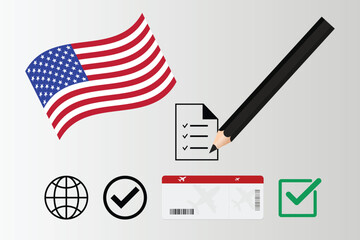 American Flag, Checklist, Passport, And Pencil Travel and Work Symbols For Business and Education.
