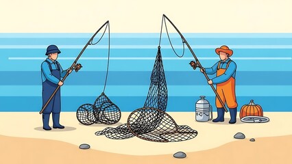 Two fishermen stand on a sandy beach, one with a rod and the other with a large net, preparing for a day of coastal fishing. A clean flat vector illustration celebrating maritime traditions and outdoo