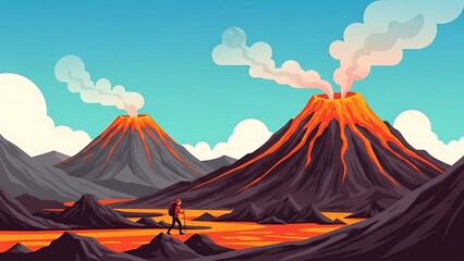 A lone hiker with a backpack and trekking poles navigates a dramatic volcanic landscape, walking past active volcanoes with flowing lava and rising smoke. This vibrant flat vector illustration capture
