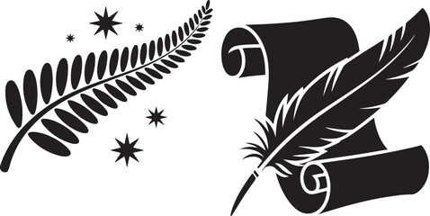 Waitangi day symbols set with kiwi fern leaf and quill pen on paper scroll traditional