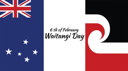 Waitangi day new zealand flag with maori flag and date february 6th holiday banner