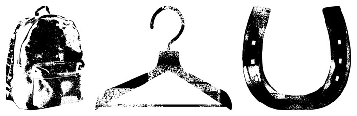 Obraz premium Vintage Backpack, Clothes Hanger, and Horseshoe in Halftone Vector Set
