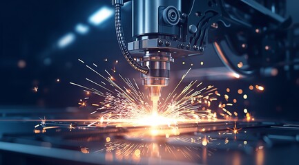 Precision CNC Laser Cutting Machine Processing Metal with Flying Sparks. Advanced manufacturing and Industry 4.0 concept for high-tech engineering, automotive parts, and aerospace production.