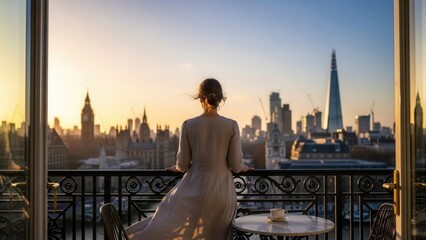 A woman stands on a London balcony at sunrise, admiring the cityscape with iconic landmarks, symbolizing urban exploration and sophisticated travel.