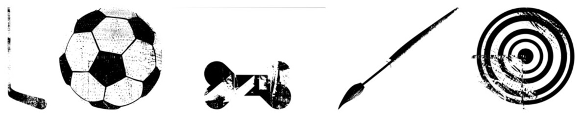Classic Soccer Ball, Paintbrush, Dog Bone, and Target in Grunge Vector Style