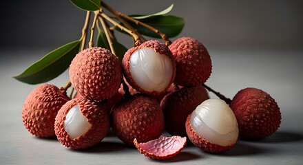 Fresh ripe lychee fruit cluster with leaves and peeled segments