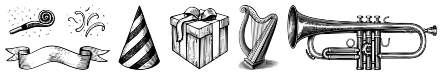 Vintage Party Hat, Gift Box, Harp, Trumpet and Whistle Vector