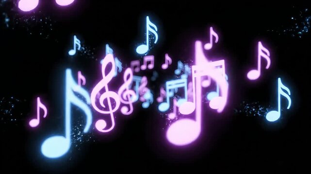 Abstract Glowing Musical Notes Flowing on Dark Background.