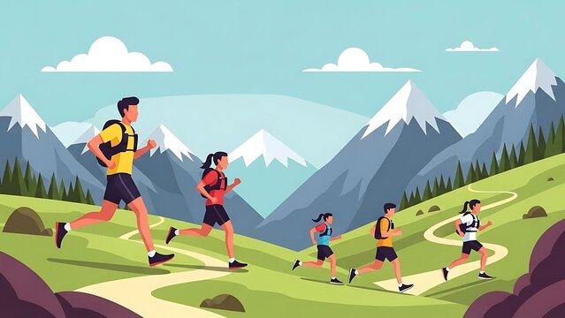A group of runners in athletic gear navigates a winding trail through a lush green valley beneath snow-capped peaks. This flat vector illustration captures the energy of trail running.