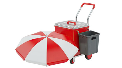 Red and white striped umbrella on a cooler cart with trash bin