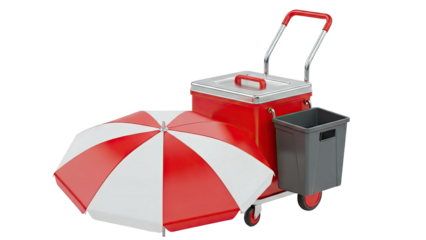 Red and white striped umbrella on a cooler cart with trash bin