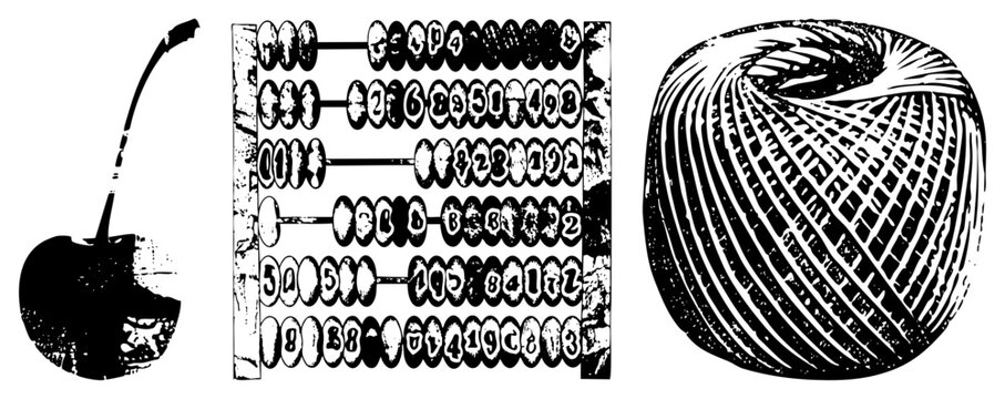 Vintage Abacus, Cherry, and Yarn Ball in Stylized Black and White Vector Illustration