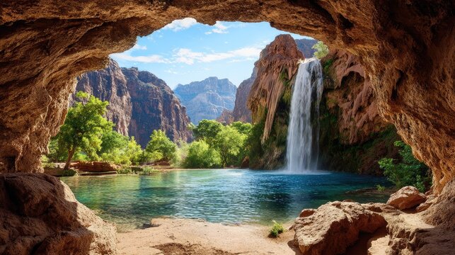 View from inside a natural cavern reveals a cascading waterfall emptying into a bright blue pool surrounded by lush greenery and towering rock formations.