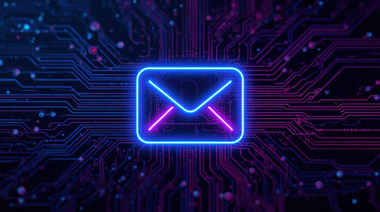Neon email icon digital communication glow, futuristic message technology background, cyber mail envelope symbol, abstract circuit light pattern, vibrant network connection art