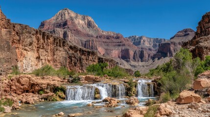 Majestic layered rock formations rise above cascading water features in a vast arid canyon system