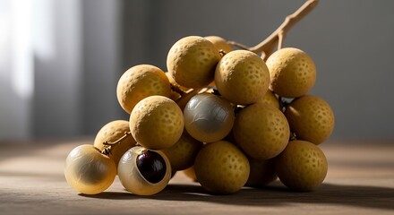 Bunch of ripe longan fruits with one cut open showing the seed