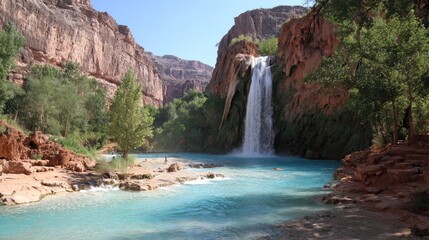 Towering cliffs frame a cascading waterfall plunging into vividly blue mineral water in a remote canyon oasis